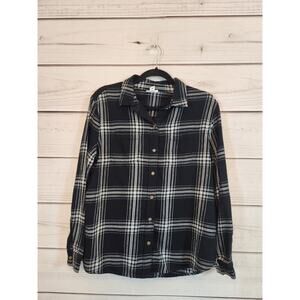 A.n.a Women's Black White Plaid Long‎ Sleeve Button Down Shirt Size Small